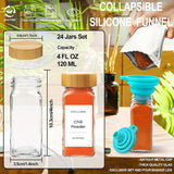 24 Glass Spice Jars, 4oz Empty Square Spice Containers, Glass Food Storage Containers Jars with Bamboo Lids,Three Kinds of Shaker Lids,360 Labels Stickers,Paint Pen,Silicone Collapsible Funnel,Brush