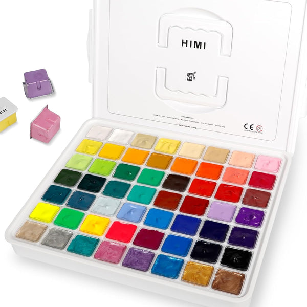 HIMI Gouache Paint Set, 56 Colors x 30ml/1oz, Contains Metallic and Fluorescent Colors, Jelly Cup Design, Non-Toxic, Guache Paint for Canvas and Watercolor Paper - Perfect for Beginners, Students