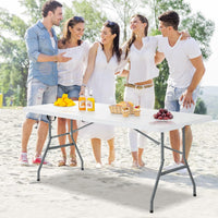 180 cm Folding Table, 150 kg Portable & Lightweight Camping Table with Carrying Handle, Heavy-duty Steel Frame, Indoor& Outdoor Fold-in-Half Utility Table for Picnic, Camping, BBQ, Work, White