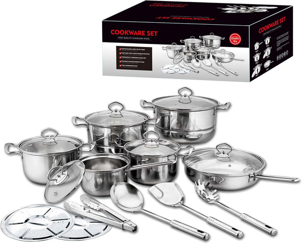 18 Pcs Stainless Steel Pots and Pan Set,Kitchen Cookware Sets,Stock Pot Steamer Set with Lids,Nonstick Cookware Set with Kitchen Utensils and Tools for Home Camp Cooking