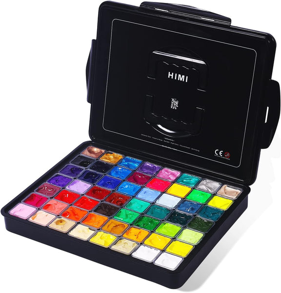 HIMI Gouache Paint Set, 56 Colors x 30ml Include 8 Metallic and 6 Neon Colors, Unique Jelly Cup Design in a Carrying Case Perfect for Artists, Students, Gouache Opaque Painting