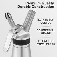 Professional Whipped Cream Dispenser, Durable Metal Cream Whippers, Whipped Cream Maker Canister, Compatible with All Brands of 8-Gram N2O Cartridges- Not Included (Aluminum)