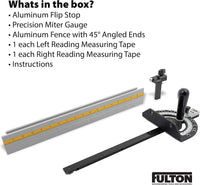 Fulton Precision Miter Gauge with Aluminum Miter Fence with 45 Degree Angled Ends for Maximum Stock Support and a Repetitive Cut Flip Stop