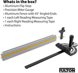 Fulton Precision Miter Gauge with Aluminum Miter Fence with 45 Degree Angled Ends for Maximum Stock Support and a Repetitive Cut Flip Stop