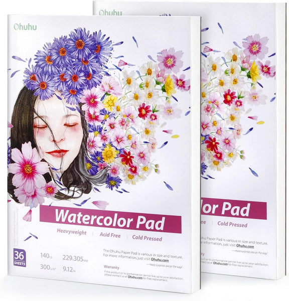 2 Pack Watercolor Paper, Ohuhu 9×12 Inch Watercolor Sketchbooks, 140 LB/300 GSM Heavyweight Wet and Dry Media, 36 Sheets/72 Pages, Glue-Bound, Watercolor Pad for Marker Acrylic Watercolor Pen Pencil Painting Mixed Media Pads