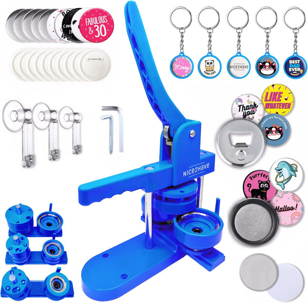 Nice2Have Button Maker Machine Multiple Sizes 25mm-32mm-58mm (500 Buttons,15 Bottle Openers,15 Fridge Magnets,15 Keyring Buttons, 500+ Free Designs,3 Circle Cutters) - Pin Maker Machine