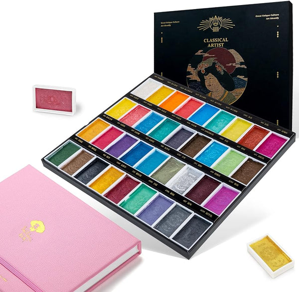 AOOKMIYA  Paul Rubens Watercolor Paper Block&Watercolor Paint Set, 36 Classical Pearlescent Colors Solid Paints, Strong Coverage, Good Lightfastness, Ideal for Illustrators, Artists, Painters, Stude