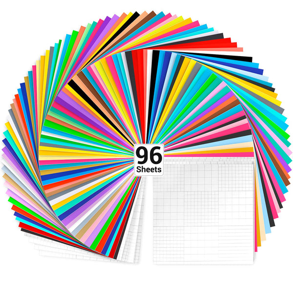 Vinyl Sheets, Ohuhu 96 Permanent Adhesive Backed Vinyl Sheets Set, 84 Vinyl Sheets 12" x 12" + 12 Transfer Tape Sheets, 40 Color Sheet for Birthday Party Mother's Day Decoration, Sticker Craft Cutter