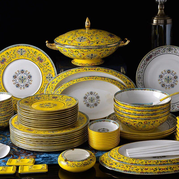 AOOKMIYA 86 Pcs Color Glaze Ceramic Tableware Set Chinese Household Bowls and Dishes Bowl Set Plate Manual Painting Golden Enamel