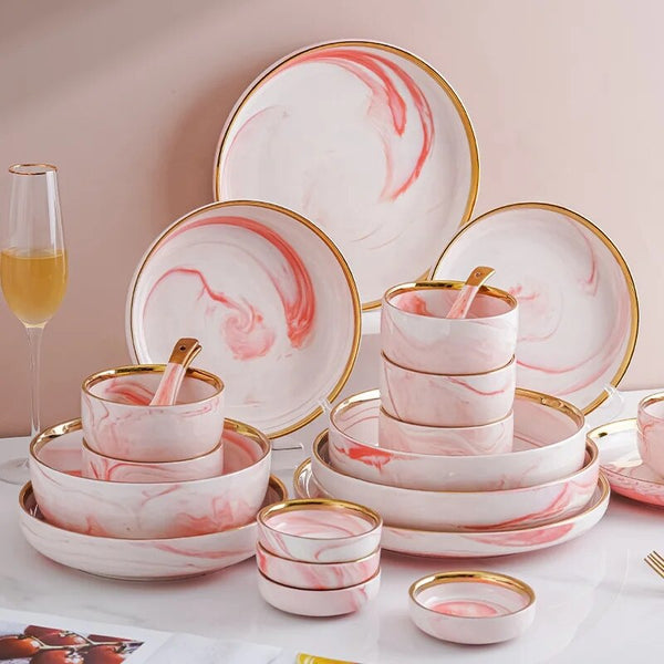 AOOKMIYA 9 18 26 32 Pcs Luxury Porcelain Dining Set Wedding Gold Rimmed Line Ceramic Dinnerware Plates And Bowl Pink Marble Tableware Set