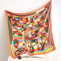 90cm Manual Hand Rolled Twill Silk Scarf Women Geometric Square Print Curled Square Scarves Echarpes Foulards Femme Wrap Bandana