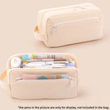 Angoo Basic Pencil Bag Pen Case Cream Color 3 Compartment Storage Pouch Pocket for Stationery School F7486