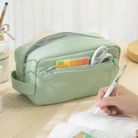 Angoo Basic Pencil Bag Pen Case Cream Color 3 Compartment Storage Pouch Pocket for Stationery School F7486