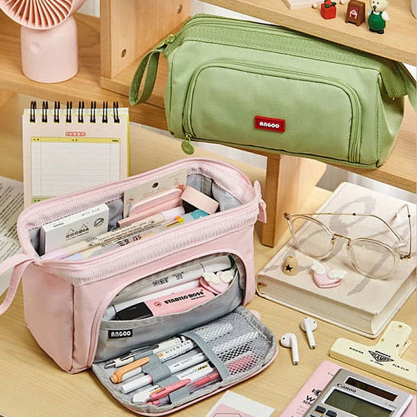 Angoo Cute Pencil Case Special Macaron Color Side Window Canvas Big Pencil Pouch Pen Box Storage Bag Student School Stationery