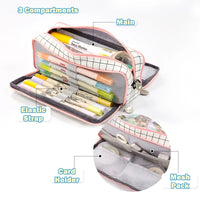 Angoo Dual Side Open Pen Case Pencil Bag 3 Compartments Multi Color Grid Dots Pocket Storage Pouch Stationery School A6899