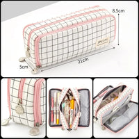 Angoo Dual Side Open Pen Case Pencil Bag 3 Compartments Multi Color Grid Dots Pocket Storage Pouch Stationery School A6899