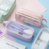 Angoo Large Grid Mesh Pencil Case 2 Compartment Pen Bag Clear Handheld Storage Pouch Transparent Makeup A7458