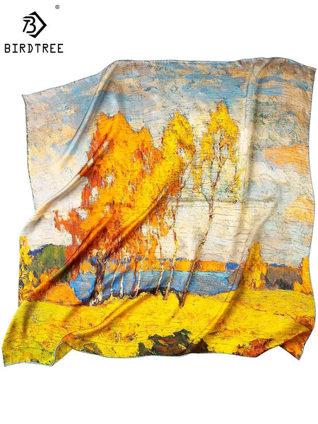 Birdtree 100%Mulberry Silk Art Oil Painting Scarf Spring Autumn Office Lady Shawl Designed Elegant Wrap Kerchief New A30621QM