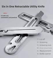 Canivete retrátil, Heavy Duty Box Cutter, facas de aço inoxidável Utility, Multi Functions Unboxing Supplies, 6 em 1, 18mm