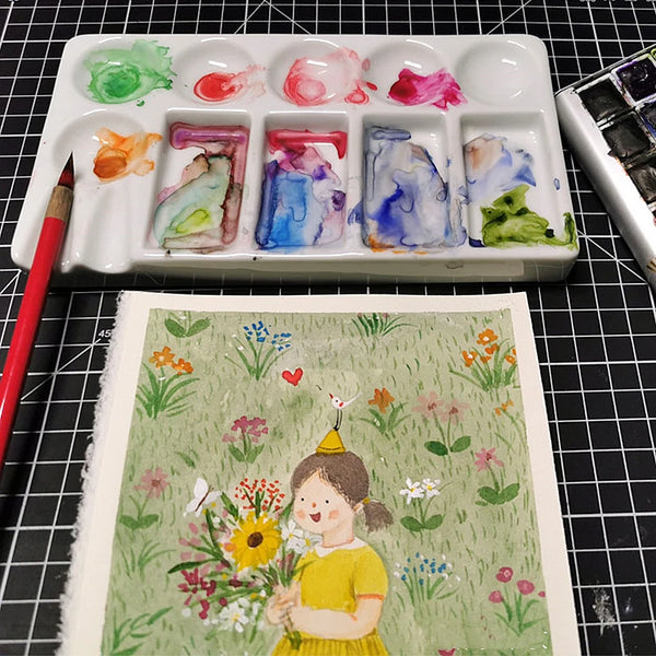 AOOKMIYA  Ceramic artist watercolor palette 9 Wells Rectangle Shape gouache ceramic palette Acrylic paint tray oil painting supplies