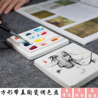 AOOKMIYA Chinese Style 12-Well Ceramic Gouache Watercolor Paint Palette with Lid Coloring Washable