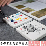 AOOKMIYA Chinese Style 12-Well Ceramic Gouache Watercolor Paint Palette with Lid Coloring Washable