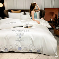 Cotton Luxury Noble White Bedding Set Bee Embroidery Solid Color Soft Breathable Comforter Covers 3/4 Piece Set