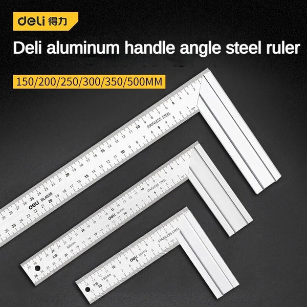 DELI  90 Degree Angle Ruler Stainless Steel L Shape Ruler Double Sided Ruler Measuring Tool Metal Straight Woodworking Tools