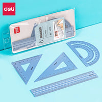 DELI Aluminum Drafting Set 4 PCS Ruler Set for School Straight Ruler Triangular Protractor Stationery