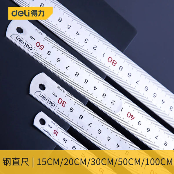 DELI Stainless Steel Straight Ruler Precision 15-30CM Flat Thick Metal Measuring Scale Tools Office Supplies