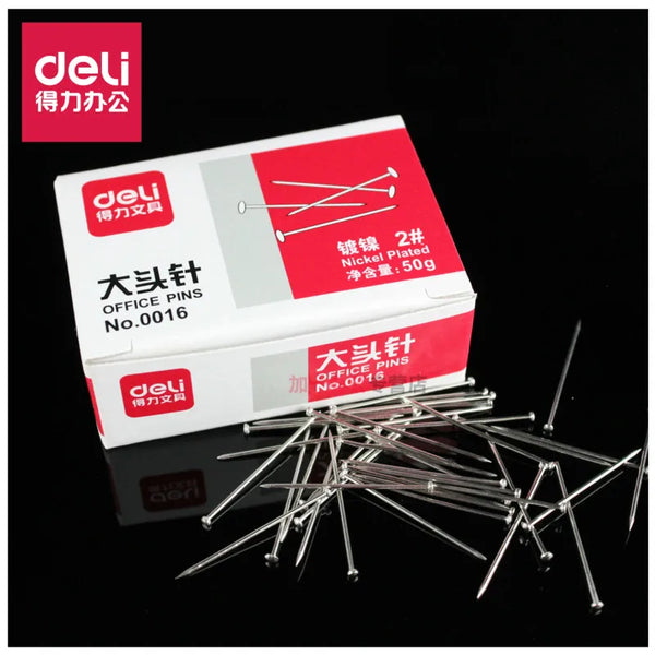 Deli 0016 Standard Pin 2# 50pcs Nickel-plated Rust-proof Tack Nail Straight Fixed Cloth Pin Manual Positioning Home Office Pin