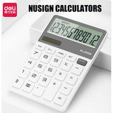 Deli 12-digit Electronic Calculator Home Office Desktop Calculator Student Supplies Financial Tools Coin Cell + Solar Calculator