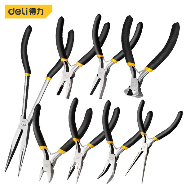 Deli 1Pcs Portable Durable Carbon Steel Forging Jewellery Pliers Light Weight Mini Pliers Hand Tools Round Flat Long Nose Pliers