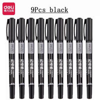 Deli 9pcs/Set Twin Tip Permanent Marker Pens 0.5-1.2mm Nib Waterproof Ink Oily Black Ink Fine Point Paint Marker Pen Stationery