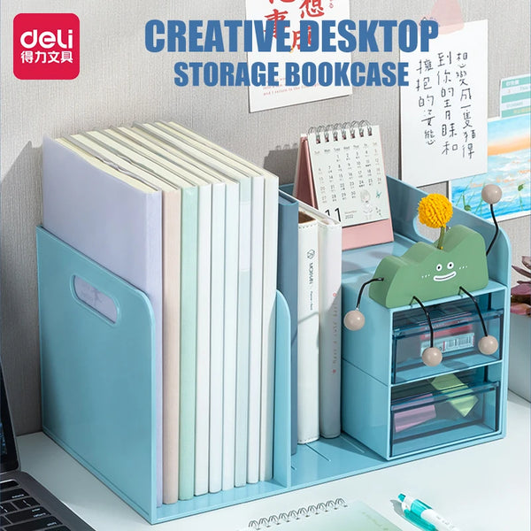 Deli Creative Desktop Storage Bookcase Drop Resistant Drawer Book Stand 2 In 1 Large Capacity Combination Storage Book Stand