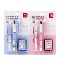 Deli Erasable 4 Blue Ink Sacs Fountain Pen Set 0.5mm Fine Nib Student Writing Tool School Office Supply Creative Stationery Gift