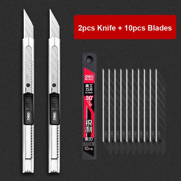 Deli Metal Utility Knife Paper Cutter Retractable Box Cutter Vinyl Craft  Cutter Knife with 30 Degree Snap-off Blades Art Knives