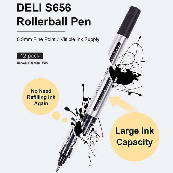 Deli RollerBall Pens,12 Pack Blue Black Fine Point Roller Ball Pen
