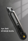 Deli Utility Knife Self-Locking design Metal Blades 18mm Paper Cutter Stationery TOOL KNIFE Safety wallpaper knife School Office