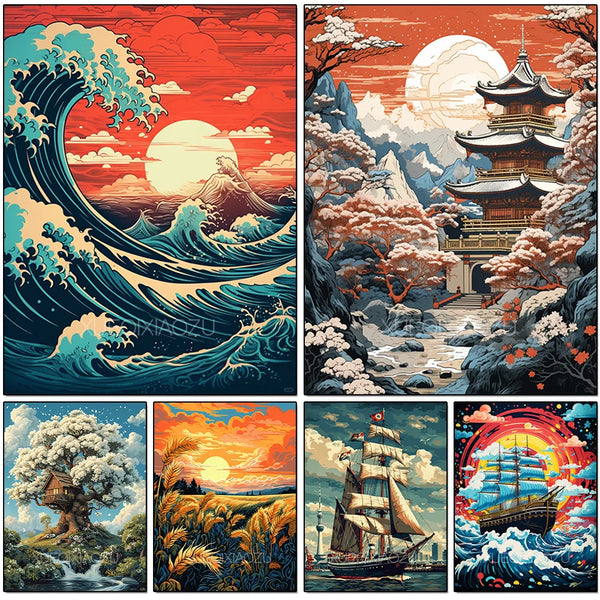 Diamond Painting Waves Sailboat  Art New Series 2024 Sunset  Full Diamond Mosaic Cross Stitch Set Home Wall Decoration Gift