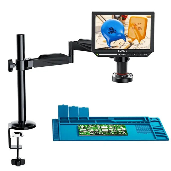 Elikliv EM4K Flex 4K Digital Soldering Microscope 2000X 10.1" HDMI Microscope for Electronics with Boom Arm Stand Ring Light