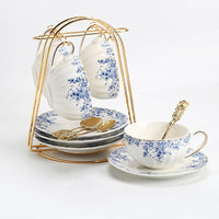 English-style Afternoon Tea Set Flower Teapot Candle Heated Glass Teapot Teacup Blue and white Porcelain Coffee Cup and Saucer