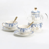 English-style Afternoon Tea Set Flower Teapot Candle Heated Glass Teapot Teacup Blue and white Porcelain Coffee Cup and Saucer