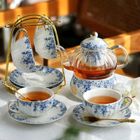 English-style Afternoon Tea Set Flower Teapot Candle Heated Glass Teapot Teacup Blue and white Porcelain Coffee Cup and Saucer