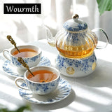 English-style Afternoon Tea Set Flower Teapot Candle Heated Glass Teapot Teacup Blue and white Porcelain Coffee Cup and Saucer