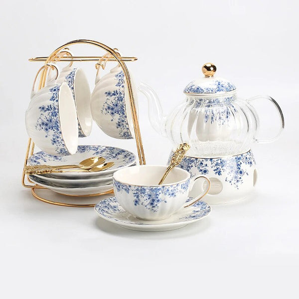 English-style Afternoon Tea Set Flower Teapot Candle Heated Glass Teapot Teacup Blue and white Porcelain Coffee Cup and Saucer