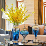 AOOKMIYA Modern Creative Blue Glass Vase Ornaments Home Furnishing Decoration Crafts Livingroom Cafe Bar Desktop Fake Flowerpot Figurines