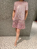 AOOKDRESS High Quality Handmade Pink Sequins Dress Wool Bling Bling Runway Women Formal Wool Dress Fashion Silk Dress