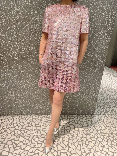 AOOKDRESS High Quality Handmade Pink Sequins Dress Wool Bling Bling Runway Women Formal Wool Dress Fashion Silk Dress