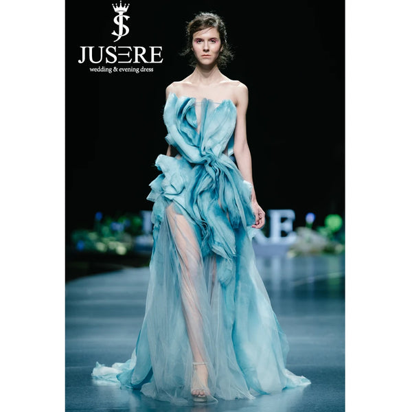 AOOKDRESS JUSERE FASHION SHOW Ombre Blue Long Prom Dress Strapless See Through Floor Length Silk Party Dresses Vestido de festa longo